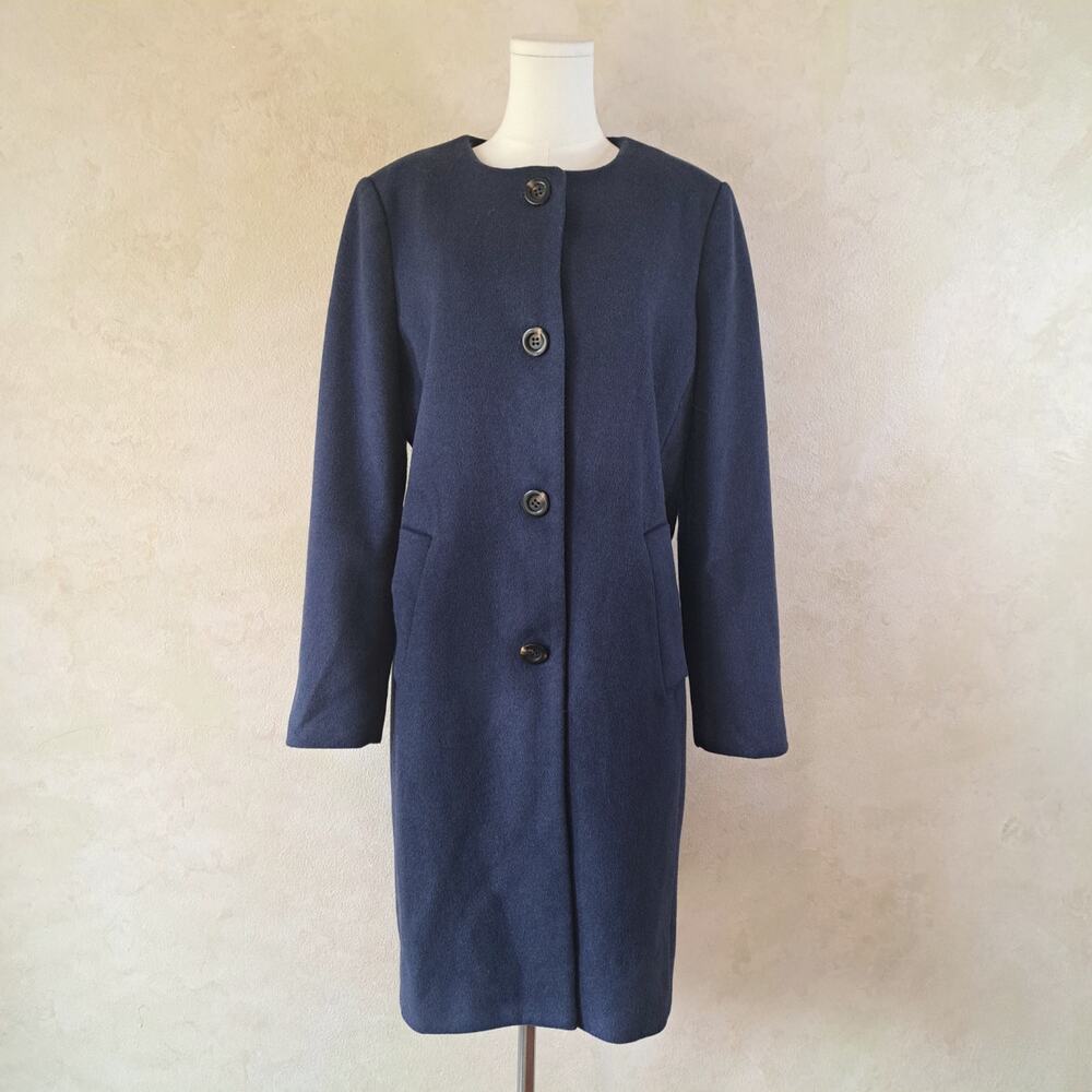 Ann Taylor Wool Blend Collarless Long Coat Navy Blue Button Large Minimalist